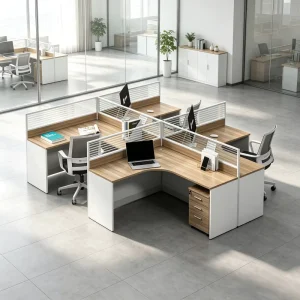L Shape Employee Workstation Glass Partition Office Cubicle Simple Staff Desk With Lockable Mobile Storage Cabinet