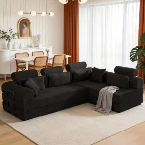 L Shaped Corduroy Modular Sectional Sofa Compressed Convertible Couch Bed for Living Room Apartment Bedroom