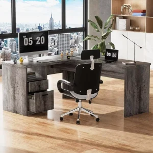 L Shaped Desk with Power Outlets Lift Top Corner Computer Desk with Drawer Large Office Desk with Storage Shelves Home Office