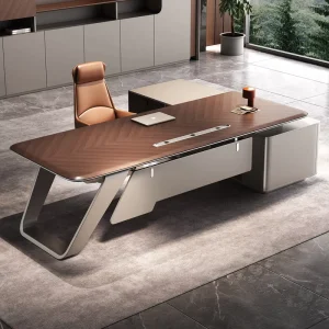 L Shaped Executive Desk Walnut & Beige Office Table with Metal Legs Modern Luxury Workstation