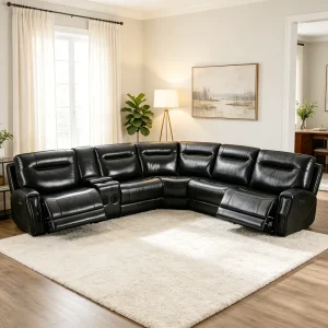 L Shaped Fabric Recliner Sectional Sofa with LED Lights & Console Modular Transitional Home Furniture Corner Sofa Set
