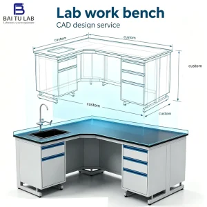 L Shaped Modular Lab Bench Epoxy Resin Top Corner Chemical Resistant Lab Table with Cabinet Free CAD Design for Labs