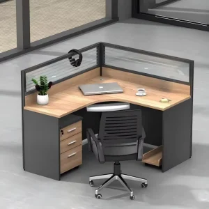 L Shaped Office Workstation Desk with Glass Partition Screen Corner Computer Table with 3 Drawer Cabinet for Staff Workspace