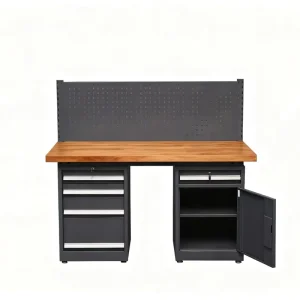 L2100mm Steel Desk Wooden Tabletop 5 Drawers 1 Cabinet Workshop Outdoor Use Heavy Duty 1000kg Load Capacity Durable
