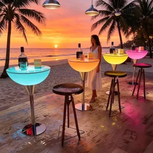 LED Battery Powered Floor Mounted Bar Table Stool Set RGB Color Changing Waterproof PE Furniture Luminous Cocktail Table Outdoor