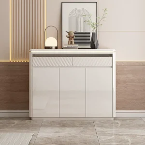 LED High Gloss Shoe Storage Cabinet Wooden Sideboard Modern Living Room Entryway Floor Standing Cabinet with Hidden Handle