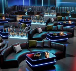 LED Nightclub Furniture Set Curved Booth Sofa and Custom Logo Glowing Table for VIP Lounge