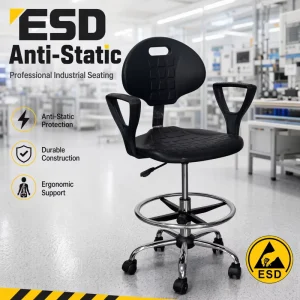 Lab ESD PU Foam Anti Static Garage Chair Dust Free Workshop Backrest Aluminum Lift Rotate Feature Handle 5 Star Chrome