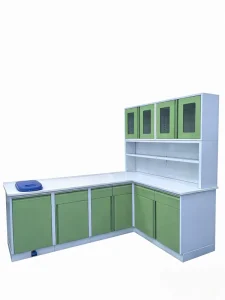 Laboratory Furniture L shaped Workbench with Reagent Racks and Hanging Cabinets Against the Wall
