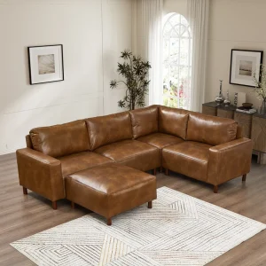 Large 4 Seater Square Sectional Sofa Ottoman PU Faux Leather Modular Couch Modern U Shaped Living Room Sofa for Hospital School