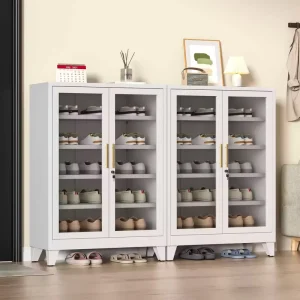 Large Capacity Steel Shoe Cabinet with Glass Door MDF Wood Style Dust Sun Protection for Bedroom Hallway Living Room Balcony