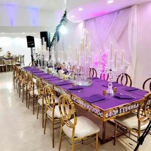 Large Long Rectangle Luxury Hotel Wedding Table Golden Stainless Steel Frame Modern Crystal Glass Top Wedding Table for Events