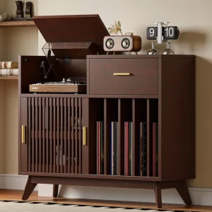Large Record Player Stand 500+ Vinyl Record Storage Cabinet with Drawer Record Player Table with Sliding Door Flip-Top