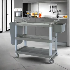 Large Three Layer PP Plastic Trolley Hotel Kitchen Equipment Cart with Hanging Bucket Service for Storage