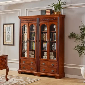 Large Traditional 71″ Wide 84″ High Solid Wood Bookcase with Glass Doors Classic Bookcase for Home Office Study