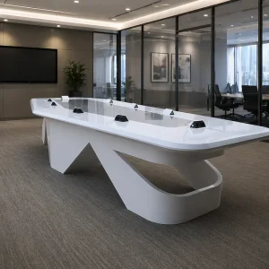 Large White Solid Surface Conference Table Polygon Shape with Pop up Power Outlet