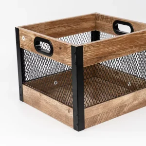 Large Wooden Crate Record Wooden Storage Container Box Metal Grid Panel Farmhouse Decor Standing Type Installation