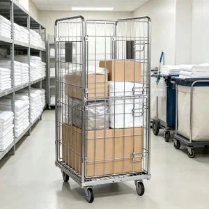 Laundry Roll Container Trolley Removable Panels Hot Dip Galvanized Steel Wire Mesh Full Welded for Hospital Linen Cart