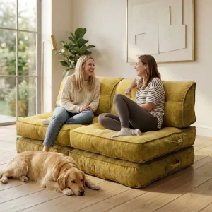 Lazy Relaxation Tufted Reclining Modern Fabric Sponge Filled Foldable Sofa Bed TV Lounge Furniture for Villa and School Use