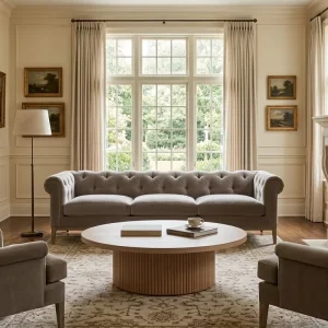 Leather Chesterfield Sofa 3-Seat Extendable Tufted Genuine Leather with Metal Base Gray Luxury Living Room Furniture