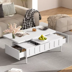 Lift Top MDF+Metal Coffee Table Drawers Modern Center Table Foldable Top Multi Functional Adjustable Hidden Storage Compartment