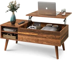 Lift Top Storage Wooden Coffee Table with Hydraulic Mechanism Modern Adjustable Multi Functional Home Living Room Center Table