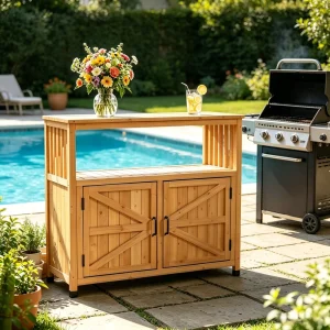 Light Brown Wooden Patio Bar Table Set with Storage Buffet Cabinet Sideboard Perfect for Both Indoor and Outdoor Use