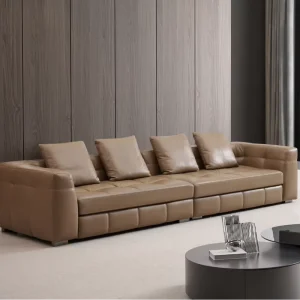 Light Coffee Modular Leather Sofa Grid Tuft Square Wide Arm 4 Seater Straight Full Grain Couch for Apartment Hotel