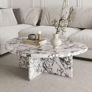 Light French Style Creamy-tone Irregular-shaped Marble Coffee Table Set for Small Living Room