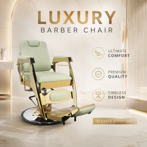 Light Green Gold High Back Barber Chair Hydraulic Salon Chair with Gold Plated Round Base Footrest and Headrest for Barbershop