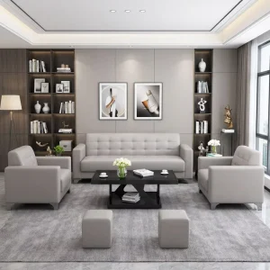 Light Grey Tufted Office Sofa Set Stylish Bookshelf Decor Professional Lounge Furniture for Workspace