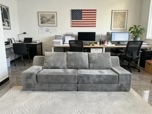 Light Grey Vertical Striped Velvet Convertible Compressed Sofa Vacuum Sealed Modular Three seater School Office Friendly