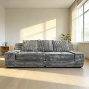 Light Grey Vertical Striped Velvet Upholstered Compressed Sofa Vacuum Sealed Modular Three seater Office friendly School