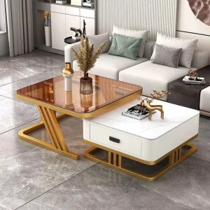 Light Luxury Convertible Modern Stone and Glass Coffee Table for Small Apartments