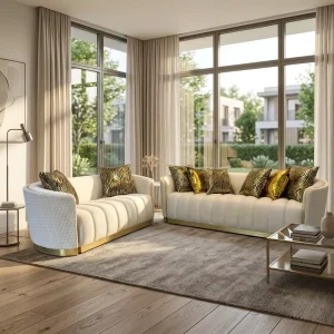 Light Luxury Cream Velvet Upholstered Midcentury Modern Sofa Set 2 Pieces Channel Tufted Stainless Steel Legs Living Room Villa