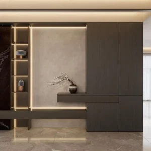 Light Luxury Curved Edge Custom Entryway Cabinet With Closed Storage Zone for High Rise Apartment Hall Decoration Set