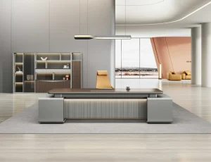 Light Luxury L Shaped Executive Boss Desk With Ambient LED Light Wooden Veneer Manager Table