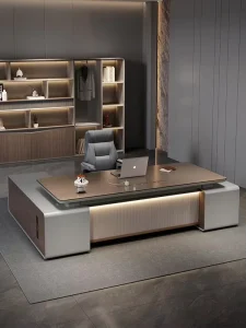 Light Luxury L shaped PVC Desk Chair Combination Auxiliary Cabinet Simple Modern Commercial Use Office Furniture Model RD 6624