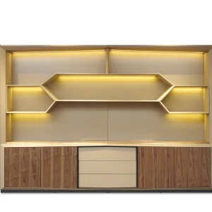 Light Luxury Manager Office Bookshelf Hexagon Shape Open Shelving Microfiber Leather Trim Document Storage Office Credenza