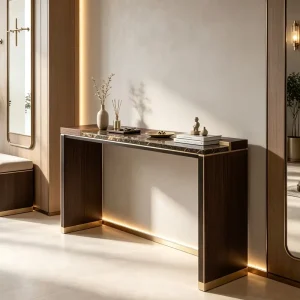 Light Luxury Marble Entryway Console Table Wood Veneer Rectangular Entryway Hall Table Metal Base for Hotel&House