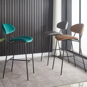 Light Luxury Modern Leather Bar Stool High Chair with Backrest and Metal Frame for Home Bar and Restaurant Use