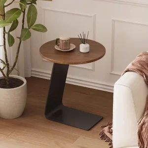 Light Luxury Modern Minimalist Wood C Shaped Side Table with Rock Board for Sofa Corner and Coffee Table Decoration