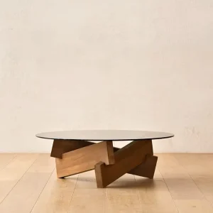 Light Luxury Modern Panel Solid Wood Coffee Table with Round Design Tempered Glass Top Home Living Room Use