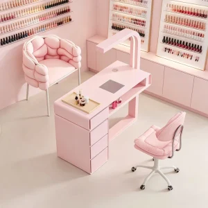Light Luxury Pink Modern Design Easy Clean Nail Desk Ergonomic Manicure Station Side Storage Cabinet Large Work Nail Table