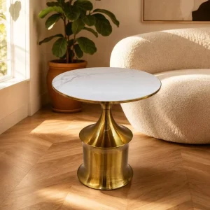 Light Luxury Stainless Steel Side Table Marble Sintered Stone Small Round Corner End Table With Metal Base for Living Room