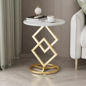Light Luxury Style Round Slate Coffee Table Small Home Living Room Simple Metal Small Side Table
