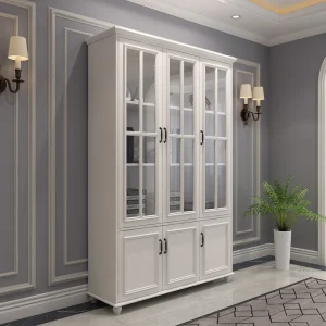 Light Luxury White Bookshelf with Glass Doors Solid Wood Storage Cabinet with Open Shelves & Drawers for Home Office