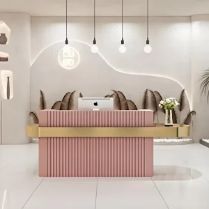 Light Luxury pink Reception Desk Gold Trim Custom Fluted Front Beauty Salon Spa Boutique Store Cashier Counter Hotel School