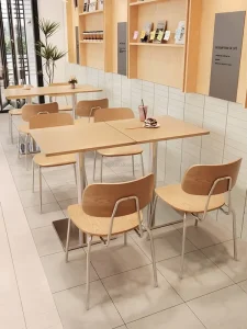 Light Oak square Restaurant Table Polished Stainless Steel Base Stackable Wood Seat Metal Leg Caf Furniture