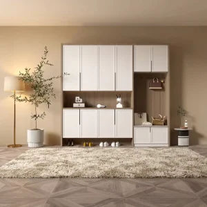 Light Tone Modular Shoe Cabinet with Perforated Panel Decorative Compartment Multi Purpose Shoe Cabinet